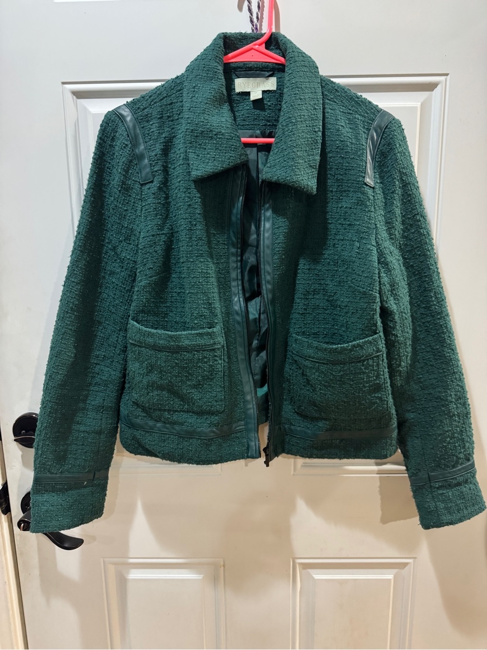 Women's Dark Green Bouclé Jacket with Leather Trim